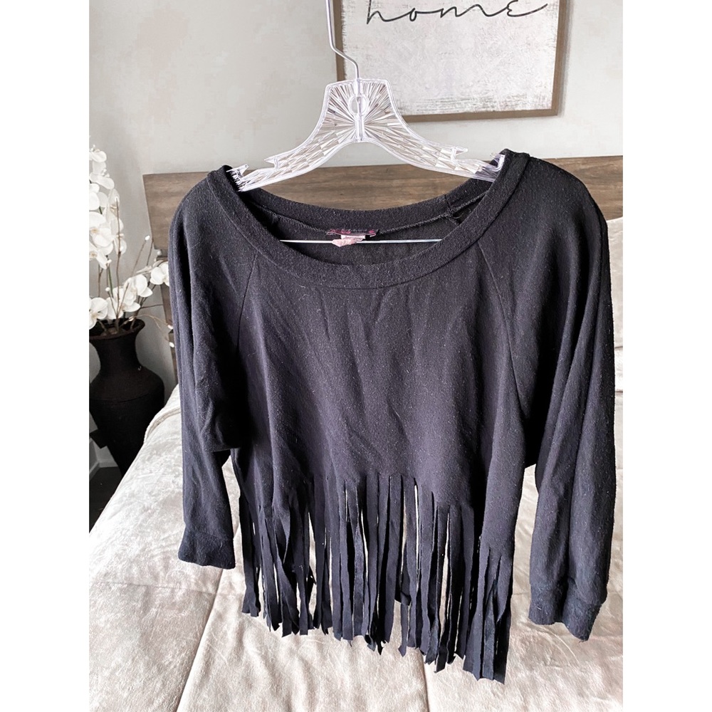 Long Sleeve Black Fringe Crop Top
